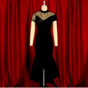 Women's Black Lace Patchwork Asymmetrical Slim Mermaid Long Dress